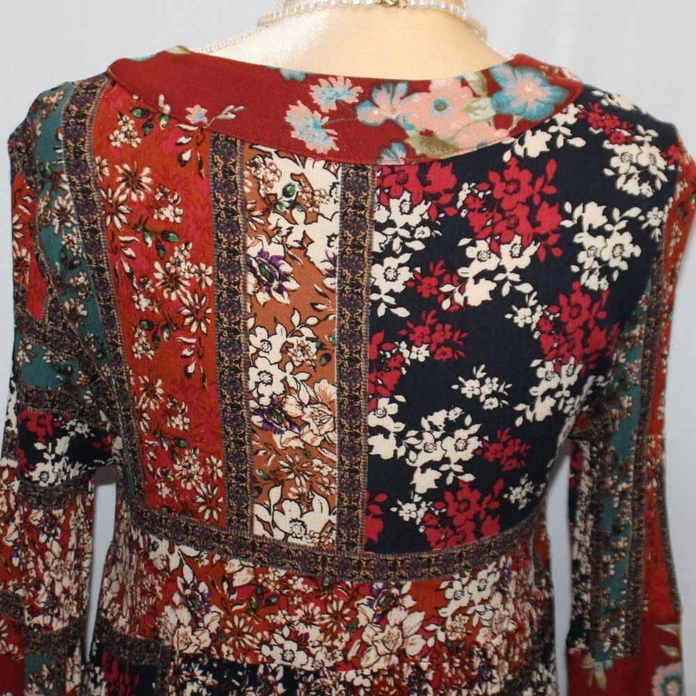 Entro V-Neck Patchwork Pattern Long Sleeve Boho D… - image 8